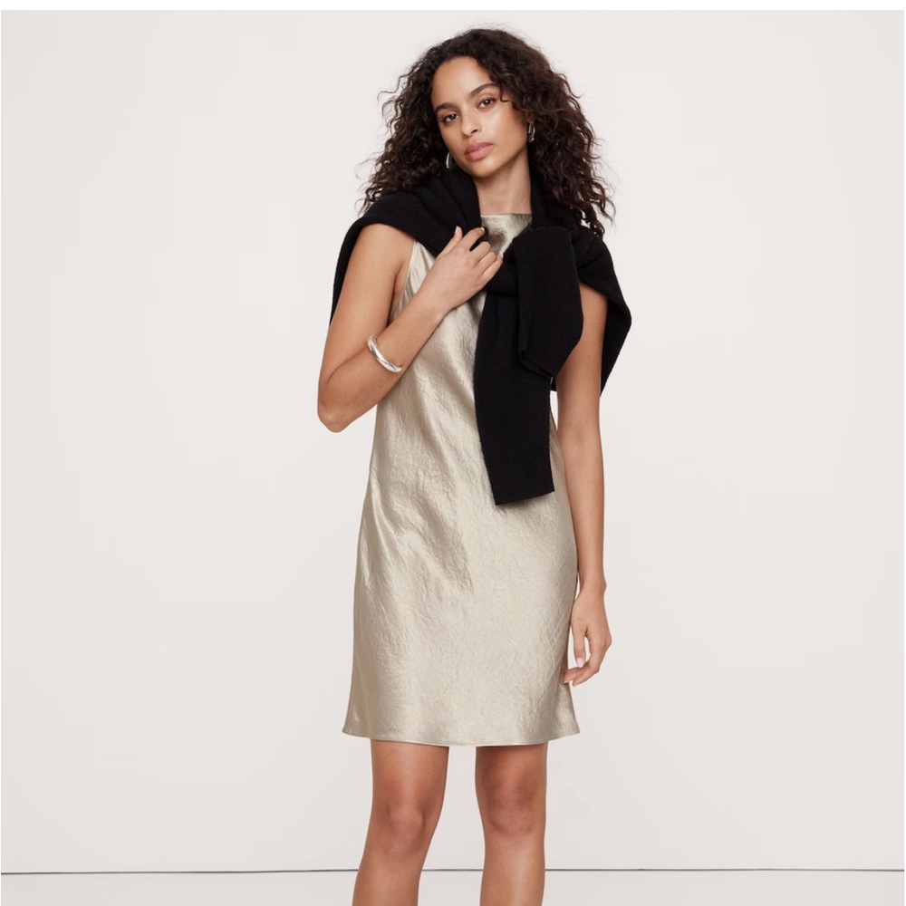 NWT Crinkle Satin Shift Dress
Size: S Color: Natural Stone Gray
Length:34 inches